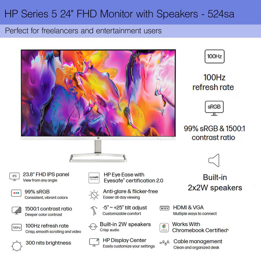 Écran HP 24 Série 5 524SA Display Vga Hdmi 24" Avec Haut-Parleur